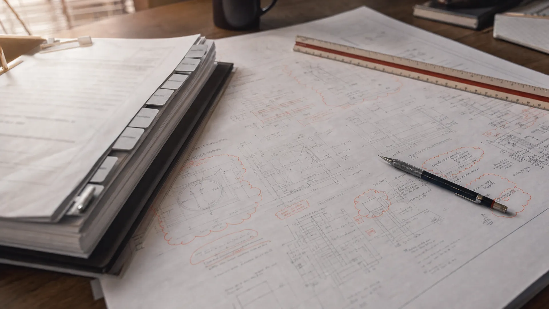 Marked-up engineering drawing set and specification binder on a desk.